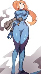 Rule 34 | 1girl, absurdres, blue bodysuit, blue eyes, bodysuit, bracelet, breasts, commentary, covered navel, distr, english commentary, from below, gun, handgun, highres, holding, holding gun, holding weapon, jewelry, large breasts, long hair, looking afar, metroid, nintendo, ponytail, red hair, samus aran, smoke, smoking barrel, solo, standing, weapon, zero suit