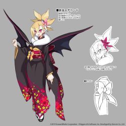 Rule 34 | 1girl, asymmetrical bangs, black wings, blonde hair, bright pupils, character sheet, copyright notice, demon girl, demon wings, disgaea, disgaea rpg, earrings, floral print, flower, furisode, grey background, hair flower, hair ornament, japanese clothes, jewelry, kimono, long pointy ears, long sleeves, obi, official art, open mouth, photoshop (medium), pointy ears, red eyes, rozalin, sandals, sash, simple background, solo, wide sleeves, wings