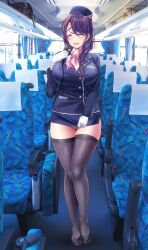 Rule 34 | 1girl, flight attendant, black hair, black jacket, black shirt, black skirt, black thighhighs, breasts, bus interior, chair, closed eyes, commentary request, day, gloves, hair over shoulder, high heels, highres, jacket, large breasts, legs, long hair, miniskirt, neckerchief, open mouth, original, pantie peek, panties, purple hair, shirt, skirt, smile, solo, standing, taut clothes, taut shirt, thighhighs, toe cleavage, underwear, v-mag, white gloves, white panties, window