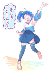 Rule 34 | 1girl, arm up, blue hair, blue shirt, blue skirt, blue thighhighs, bow, clenched hands, facing viewer, hair bow, highres, hirogaru sky! precure, long sleeves, medium hair, miniskirt, muusu, open mouth, precure, shirt, shoes, side ponytail, single sidelock, skirt, smile, solo, sora harewataru, standing, standing on one leg, thighhighs, translated, two-tone shirt, waving, white background, white footwear, white shirt, yellow bow