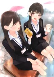 Rule 34 | 2girls, :d, absurdres, ama mitsuki, ashiyu, black hair, black jacket, brown eyes, brown hair, business suit, coffee cup, collared shirt, cup, disposable cup, drinking straw, formal, highres, holding, id card, jacket, juice box, lanyard, long hair, looking at another, low twintails, multiple girls, non-web source, office lady, open mouth, original, pencil skirt, scan, shirt, sitting, skirt, smile, soaking feet, steam, straight hair, suit, suit jacket, teeth, twintails, water, white shirt