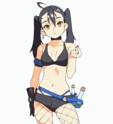 Rule 34 | 1girl, ahoge, animated, animated gif, armband, bikini, bikini under clothes, black bra, black choker, black gloves, black hair, blue capelet, bra, breasts, brown eyes, capelet, choker, closed mouth, contrapposto, earrings, fishnet pantyhose, fishnets, gloves, hair between eyes, highleg, highleg bikini, jewelry, looking at viewer, medium breasts, micro shorts, navel, original, pantyhose, shorts, simple background, single glove, skindentation, solo, swimsuit, twintails, underwear, vial, vins-mousseux, white background
