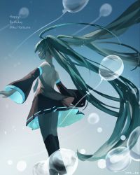 Rule 34 | 1girl, absurdres, ahoge, aqua theme, arms up, balloon, bare shoulders, birthday, black socks, blue eyes, closed eyes, closed mouth, detached sleeves, english text, floating hair, hatsune miku, highres, kneehighs, long hair, long sleeves, medium skirt, outstretched arms, pantyhose, skirt, sleeveless, smile, socks, solo, twintails, very long hair, vocaloid, yoru 410