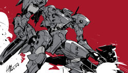 Rule 34 | armored core, armored core 6, dated, dual wielding, gun, holding, las91214, mecha, mecha focus, no humans, red background, rifle, robot, science fiction, signature, weapon