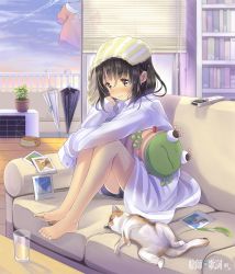 Rule 34 | 1girl, air conditioner, ataru (ataru squall), bare legs, barefoot, window blinds, blush, bookshelf, bowl, brown eyes, brown hair, cat, cat teaser, closed umbrella, cloud, controller, copyright name, couch, cup, dress shirt, drinking glass, earrings, eshi x kashi ame-hen, feet, feet on chair, glass, heart, heart earrings, highres, indoors, jewelry, knees up, legs, legs together, long sleeves, looking away, on couch, original, paw print, pet bowl, photo (object), pillow, plant, polaroid, potted plant, remote control, shirt, short hair, shorts, sitting, sky, sleeves past wrists, smile, solo, stuffed toy, sunset, toes, towel, towel on head, umbrella, wet, wet clothes, wet hair, white shirt, window, wooden floor