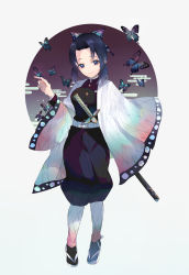 Rule 34 | 1girl, absurdres, animal, belt, belt buckle, black jacket, black pants, black socks, blue eyes, blue hair, buckle, bug, butterfly, butterfly hair ornament, closed mouth, commentary request, egasumi, forehead, full body, grey background, hair ornament, highres, insect, jacket, katana, kayanogura, kimetsu no yaiba, kochou shinobu, long sleeves, open clothes, pants, parted bangs, puffy pants, sandals, sheath, sheathed, smile, socks, solo, standing, sword, weapon, white belt, white footwear, wide sleeves