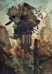 Rule 34 | 1boy, bag, blue skin, brown hat, building, city, clock, colored skin, creature, day, demizu posuka, full body, goggles, green skin, hat, lamp, lamppost, lantern, lock, original, outdoors, own hands clasped, own hands together, sign, sitting, torn clothes