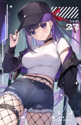 Rule 34 | 1girl, absurdres, baseball cap, bb (fate), bb (fate/extra), black hat, black jacket, blue shorts, blush, breasts, choker, closed mouth, cutoffs, denim, denim shorts, fate/extra, fate/extra ccc, fate (series), fishnet pantyhose, fishnets, hair ribbon, hat, highres, jacket, large breasts, long hair, long sleeves, looking at viewer, off shoulder, open clothes, open jacket, pantyhose, purple eyes, purple hair, red ribbon, ribbon, shirt, short shorts, short sleeves, shorts, smile, solo, very long hair, vivi (eve no hakoniwa), white shirt