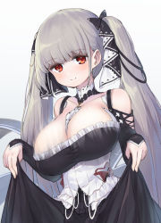 Rule 34 | 1girl, azur lane, bare shoulders, between breasts, black dress, blush, breasts, cleavage, dress, earrings, formidable (azur lane), frilled dress, frills, grey hair, hair ornament, hair ribbon, jewelry, large breasts, long hair, long sleeves, looking at viewer, motion blur, red eyes, ribbon, sakimori dan, skirt hold, solo, twintails, two-tone dress