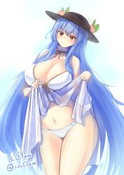 Rule 34 | 1girl, absurdly long hair, alternate breast size, alternate hair length, alternate hairstyle, artist name, bare shoulders, blue hair, breasts, cleavage, collarbone, commentary request, embarrassed, food, frown, fruit, hat, hinanawi tenshi, huge breasts, lingerie, long hair, looking at viewer, navel, aged up, panties, peach, red eyes, s.claw, solo, touhou, twitter username, underwear, very long hair, white panties