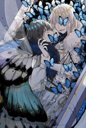 Rule 34 | 2boys, :d, aura, blue background, blue butterfly, blue eyes, boy on top, bug, butterfly, claws, cloak, coffin, covered mouth, crack, dark aura, diamond hairband, dragonfly wings, dual persona, fate/grand order, fate (series), feet out of frame, fur-trimmed cloak, fur trim, grey hair, hair between eyes, hand on another&#039;s neck, highres, holding another&#039;s wrist, insect, insect wings, layered clothes, light particles, long sleeves, looking at another, male focus, medium hair, multiple boys, oberon (fate), oberon (third ascension) (fate), open mouth, robe, rope belt, shards, shirt, smile, spoilers, uncleko5, white cloak, white hair, white robe, white shirt, wide-eyed, wings
