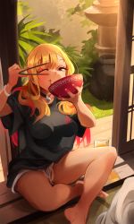 Rule 34 | 1girl, adidas, baggy clothes, blonde hair, bowl, breasts, chopsticks, collar, contact lens, crossed legs, cup, eating, feet, food, garden, glass, grass, highres, hime cut, khyle., kitagawa marin, large breasts, multicolored hair, nail polish, non-web source, noodles, on floor, one eye closed, open door, outdoors, pink hair, ramen, red eyes, shirt, short shorts, shorts, sitting, sono bisque doll wa koi wo suru, t-shirt, thighs, two-tone hair, wooden floor