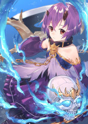 Rule 34 | 1girl, black pantyhose, blue fire, chain, collarbone, detached sleeves, fire, hair between eyes, highres, holding, holding weapon, horns, long sleeves, medium skirt, pantyhose, parted lips, princess connect!, purple hair, purple skirt, purple sleeves, red eyes, ribbon-trimmed sleeves, ribbon trim, shinobu (princess connect!), sho bu 1116, short hair, skirt, skull, solo, torn clothes, weapon