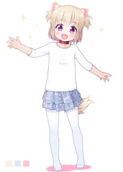 Rule 34 | 1girl, :d, animal ear fluff, animal ears, blonde hair, blue skirt, blush, clothes writing, collar, collarbone, color guide, colored shadow, commentary request, dog ears, dog girl, dog tail, fang, full body, hair between eyes, hand up, highres, inuarashi, layered skirt, looking at viewer, open mouth, original, pantyhose, pleated skirt, print skirt, purple eyes, red collar, shadow, shirt, short hair, simple background, skirt, smile, solo, sparkle, standing, star (symbol), star print, tail, two side up, white background, white pantyhose, white shirt