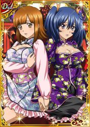 Rule 34 | 00s, 2girls, ato (ikkitousen), bashoku youjou, blue hair, blush, breasts, brown eyes, brown hair, cleavage, dress, female focus, hair ornament, ikkitousen, large breasts, looking at viewer, multiple girls, parted lips, purple eyes, short twintails, sitting, twintails