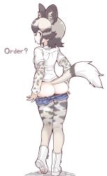 Rule 34 | 1girl, african wild dog (kemono friends), african wild dog print, animal ears, animal print, ass, denim, denim shorts, dog ears, dog girl, dog tail, english text, from behind, highres, kemono friends, layered sleeves, long sleeves, looking at viewer, looking back, print sleeves, pulled by self, short over long sleeves, short sleeves, shorts, solo, tail, tanaka kusao, tongue, tongue out, undressing