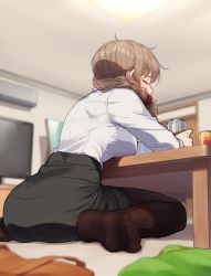 Rule 34 | 1girl, air conditioner, alcohol, ass, beer, beer can, black pantyhose, black skirt, blurry, braid, braided ponytail, brown hair, can, closed eyes, depth of field, dress shirt, drink can, drunk, hair ornament, hair scrunchie, idolmaster, idolmaster cinderella girls, indoors, kamille (vcx68), messy hair, office lady, on floor, pantyhose, pantylines, pencil skirt, resting, scrunchie, senkawa chihiro, shirt, shirt tucked in, side ponytail, sitting, skirt, solo, table, television, wariza, white shirt, wooden table