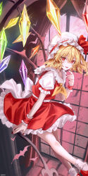 Rule 34 | 1girl, blonde hair, bow, flandre scarlet, haruri, hat, hat bow, highres, looking at viewer, medium hair, red bow, red eyes, short sleeves, smile, solo, touhou, vest, white hat
