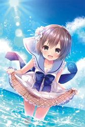 Rule 34 | 1girl, :d, bare arms, blue bow, blue ribbon, blue sky, blush, bow, brown hair, cloud, collarbone, commentary request, day, dress, dutch angle, fummy, grey eyes, hair between eyes, hair ornament, hair ribbon, horizon, idolmaster, idolmaster cinderella girls, idolmaster cinderella girls starlight stage, lace, lace-trimmed dress, lace trim, leaning forward, lens flare, light rays, looking at viewer, ocean, open mouth, otokura yuuki, outdoors, pink ribbon, ribbon, short dress, short hair, skirt hold, sky, sleeveless, sleeveless dress, smile, solo, standing, striped, striped bow, wading, water drop, white dress, wrist ribbon