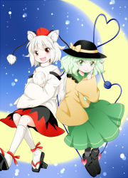 Rule 34 | 2girls, :d, animal ears, crescent moon, crossed arms, detached sleeves, fang, green eyes, green hair, hat, inubashiri momiji, komeiji koishi, moon, multiple girls, open mouth, pom pom (clothes), red eyes, shirt, short hair, skirt, sky, smile, star (sky), starry sky, tail, third eye, tokin hat, touhou, white hair, wide sleeves, wolf ears, wolf tail, yuzuna99