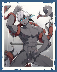 Rule 34 | 1boy, anal, blue eyes, blush, border, colored skin, consensual tentacles, cum, cum in ass, erection, glowing, glowing eyes, grey hair, grey skin, grin, headband, highres, male penetrated, masturbation, muscular, muscular male, nude, original, patient zero, penis, smile, tentacle sex, tentacles, tentacles on male, testicles, uncensored