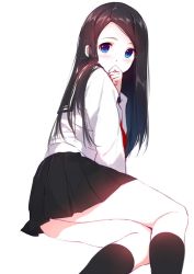 Rule 34 | 1girl, black hair, black sailor collar, black skirt, black socks, blouse, blue eyes, blush, caidychen, commentary, hand on own face, kneehighs, long hair, long sleeves, looking at viewer, lying, neckerchief, on side, original, parted bangs, pleated skirt, red neckerchief, sailor collar, school uniform, serafuku, shirt, simple background, skirt, socks, solo, white background, white shirt