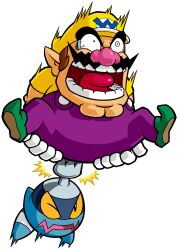 Rule 34 | 1boy, absurdres, brown hair, cleft chin, facial hair, gloves, green footwear, hat, highres, mustache, nintendo, official art, overalls, pointy ears, purple overalls, shirt, shouting, third-party source, wario, wario land, wario land: shake it!, white gloves, yellow eyes, yellow hat, yellow shirt