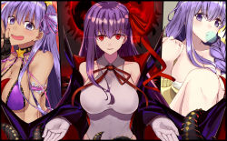 Rule 34 | arm garter, bare shoulders, bb (fate), bb (fate) (all), bb (swimsuit mooncancer) (fate), bb (swimsuit mooncancer) (first ascension) (fate), bb (swimsuit mooncancer) (second ascension) (fate), bb (swimsuit mooncancer) (third ascension) (fate), bead bracelet, beads, bikini, bikini top only, black coat, black garter belt, black gloves, blush, bracelet, braid, breasts, chewing gum, cleavage, closed mouth, coat, fate/grand order, fate (series), fingerless gloves, garter belt, gloves, hair ribbon, hairband, jacket, jewelry, large breasts, leotard, long hair, looking at viewer, multiple persona, neck ribbon, ninoude (ninoude44), popped collar, purple bikini, purple eyes, purple hair, purple ribbon, red eyes, red ribbon, ribbon, smile, solo, swimsuit, tan, tentacles, thighs, very long hair, white bikini, white gloves, white leotard, yellow jacket