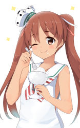 Rule 34 | 10s, 1girl, :t, bare arms, brown eyes, brown hair, closed mouth, dark-skinned female, dark skin, dress, eating, food, food on face, hair ribbon, kantai collection, libeccio (kancolle), long hair, one eye closed, ribbon, sailor collar, sailor dress, simple background, smile, solo, sparkle, spoon, sui (tsuruhibiki), twintails