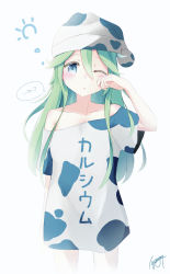 Rule 34 | 1girl, :o, alternate costume, animal print, blue eyes, blush, clothes writing, cow print, green hair, grey background, hair between eyes, hat, highres, iyama nami, kantai collection, long hair, off shoulder, one eye closed, pajamas, parted lips, short sleeves, simple background, sleepy, solo, translated, yamakaze (kancolle)
