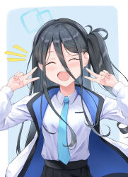 Rule 34 | 1girl, absurdly long hair, absurdres, aris (blue archive), black hair, black skirt, blue archive, blue halo, blue necktie, blush, closed eyes, collared shirt, double v, facing viewer, halo, highres, jacket, long hair, long sleeves, necktie, one side up, open mouth, pleated skirt, rieatco, shirt, skirt, smile, solo, two-sided fabric, two-sided jacket, v, very long hair, white jacket, white shirt