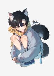 Rule 34 | 1boy, animal ear fluff, animal ears, ankle socks, black hair, blue footwear, blue jacket, blush, cat boy, cat ears, cat tail, commentary request, food, food in mouth, from above, full body, grey shorts, hair between eyes, highres, jacket, knees up, long sleeves, looking at viewer, macaron, male focus, original, paki2000, plaid, plaid scarf, scarf, shoes, short hair, shorts, simple background, sleeves past wrists, snowflake ornament, socks, solo, squatting, tail, translation request, white background, white socks, winter clothes, yellow eyes, yellow scarf