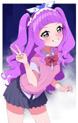 Rule 34 | 1girl, blush, bow, commentary request, cure majesty, ellee-chan, eyelashes, hair ornament, happy, highres, hirogaru sky! precure, long hair, looking at viewer, magical girl, p396vx, precure, purple hair, school uniform, skirt, smile, solo, standing, v