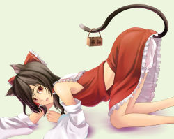 Rule 34 | 1girl, animal ears, bad id, bad pixiv id, bloomers, bow, box, brown hair, cat ears, cat girl, cat tail, detached sleeves, donation box, female focus, hakurei reimu, holding, holding with tail, japanese clothes, kemonomimi mode, miko, prehensile tail, red eyes, ribbon, short hair, solo, tadokoro teppei, tail, touhou, underwear