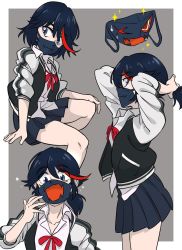 Rule 34 | 1girl, alternate costume, alternate hairstyle, black hair, black jacket, black skirt, blue eyes, border, centinel303, collarbone, collared shirt, commentary, fang, from side, grey background, hand up, hands up, invisible chair, jacket, kill la kill, looking at viewer, mask, matoi ryuuko, miniskirt, mouth mask, multicolored hair, multiple views, open clothes, open jacket, pleated skirt, ponytail, red hair, red ribbon, ribbon, senketsu, shirt, short hair, sitting, skin fang, skirt, sweat, two-tone hair, tying hair, white border, white jacket, white shirt