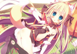 Rule 34 | 1girl, animal ears, ass, blonde hair, blush, boots, bow, breasts, brown bow, brown dress, brown footwear, cape, creator (ragnarok online), dress, foot out of frame, fox ears, fox girl, fox tail, gloves, hair between eyes, hair bow, long hair, looking at viewer, navel, no panties, open mouth, plunging neckline, ragnarok online, red cape, short dress, small breasts, solo, strapless, strapless dress, striped, striped bow, tail, ura (ur wave), white gloves