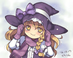 Rule 34 | 1girl, ^^^, blonde hair, blush, bow, braid, gloves, hair bow, hat, hat bow, kirisame marisa, kurarin, layered sleeves, long hair, long sleeves, looking at viewer, plaid, plaid scarf, puffy short sleeves, puffy sleeves, pulling, purple bow, purple gloves, purple scarf, scarf, short over long sleeves, short sleeves, side braid, single braid, snow, snowing, solo, tearing up, touhou, upper body, witch hat, yellow eyes