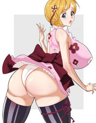Rule 34 | 47 hard, ass, ass focus, blonde hair, blue eyes, breasts, cameltoe, hair ornament, highres, japanese clothes, kimono, koala (one piece), large breasts, looking back, one piece, open mouth, panties, pink kimono, ribbon, short hair, surprised, thighhighs, underwear, white panties