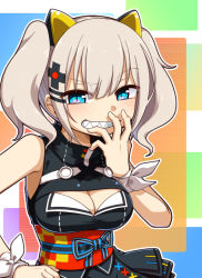 Rule 34 | 1girl, bare shoulders, blue eyes, breasts, cleavage, cleavage cutout, clothing cutout, dress, grin, hair ornament, hairclip, kaguya luna, large breasts, looking at viewer, obi, open mouth, sash, sharp teeth, silver hair, sleeveless, smile, solo, sumiya nadateru, teeth, the moon studio, twintails, virtual youtuber