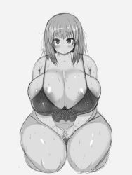 Rule 34 | 1girl, absurdres, areola slip, armpit hair, blush, breasts, cleavage, curvy, female focus, full body, highres, huge breasts, kneeling, large areolae, long hair, looking at viewer, monochrome, navel, open mouth, original, plump, sanagimaru7974, sitting, solo, sweat, tensai427, thick thighs, thighs, white background, wide hips