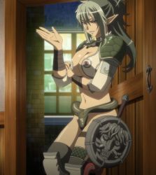 Rule 34 | 1girl, animal, breasts, echidna (queen&#039;s blade), elf, green hair, highres, large breasts, long hair, looking at viewer, pointy ears, queen&#039;s blade, queen&#039;s blade vanquished queens, rain, red eyes, screencap, shield, smile, snake, solo, standing, stitched, third-party edit