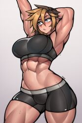 Rule 34 | 1girl, abs, absurdres, arm behind head, arms up, biceps, black shorts, black sports bra, blonde hair, blush, breasts, brown hair, commission, green eyes, highres, large breasts, multicolored hair, muscular, muscular female, navel, original, parted lips, roadi3, short hair, shorts, solo, sports bra, sweat