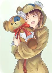 Rule 34 | 10s, 1girl, animal costume, animal hood, bandages, bandaid, bear costume, bear hood, boko (girls und panzer), bow, brown hair, commentary, facing viewer, girls und panzer, head tilt, highres, holding, holding stuffed toy, hood, kakimoto nao, long sleeves, nishizumi miho, onesie, open mouth, pajamas, red bow, short hair, smile, solo, standing, stuffed animal, stuffed toy, teddy bear, upper body