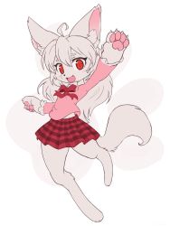 Rule 34 | 1girl, :3, ahoge, ancesra, animal ear fluff, animal ears, animal feet, animal hands, animal nose, arm up, artist name, barefoot, blush, body fur, bow, bowtie, child, claws, commission, fang, female focus, flat chest, flat color, fox ears, fox girl, fox tail, frilled shirt, frilled sleeves, frills, full body, furry, furry female, hand up, happy, highres, leg up, light blush, long hair, long sleeves, looking at viewer, miniskirt, open mouth, original, outstretched arm, patreon username, paw print, pawpads, pink shirt, plaid, plaid skirt, pleated skirt, red bow, red bowtie, red eyes, red skirt, shirt, sidelocks, simple background, sketch, skirt, smile, snout, solo, standing, standing on one leg, tail, watermark, web address, white background, white fur, white hair