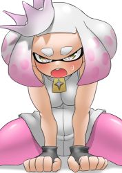Rule 34 | 1girl, :o, black gloves, blush, crown, dress, eyebrows, fang, female focus, fingerless gloves, forehead, gloves, gradient hair, highres, leaning forward, looking at viewer, mole, mole under mouth, multicolored hair, nintendo, open mouth, pantyhose, pearl (splatoon), pero (pero7762), pink hair, pink pantyhose, simple background, sitting, sleeveless, sleeveless dress, solo, splatoon (series), splatoon 2, spread legs, sweatdrop, tentacle hair, thick eyebrows, thighs, white background, white dress, white hair, yellow eyes, zipper pull tab