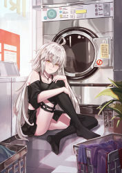Rule 34 | 1girl, bare shoulders, barefoot, black dress, black legwear, breasts, cleavage, commentary request, dress, fate/grand order, fate (series), frown, halterneck, highres, jeanne d&#039;arc (fate), jeanne d&#039;arc alter (avenger) (fate), jeanne d&#039;arc alter (fate), jewelry, large breasts, laundromat, long hair, necklace, on floor, silver hair, solo, tile floor, tiles, tsurime, washing machine, whitecrow4444, yellow eyes