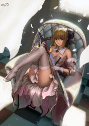 Rule 34 | 1girl, ahoge, armchair, artoria pendragon (all), artoria pendragon (fate), ass, bare shoulders, blonde hair, capcom, chair, checkered floor, dress, fate/stay night, fate/unlimited codes, fate (series), feet, floor, gloves, jiemaowanwan, legs, no shoes, petals, saber (fate), saber lily, sitting, solo, sword, thighhighs, thighs, weapon, white thighhighs