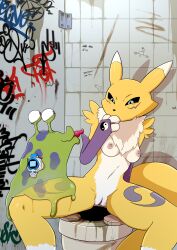 Rule 34 | 1girl, bathroom, black sclera, blue eyes, breasts, bridal gauntlets, brown eyes, colored sclera, digimon, digimon (creature), digivice, dude-doodle, furry, furry female, nipples, numemon, pussy, renamon, sitting, slime (creature), toilet, tongue, tongue out, yin yang
