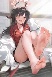 Rule 34 | 1girl, ahoge, bare legs, barefoot, black hair, black shorts, blue archive, breasts, coat, collarbone, commentary, demon horns, demon tail, feet, foot focus, gijang, hair intakes, halo, highres, horns, kasumi (blue archive), knees up, lab coat, looking at viewer, open collar, red shirt, shirt, shorts, sitting, small breasts, soles, solo, tail, toes, white coat