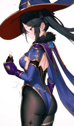 Rule 34 | 1girl, 95---, ass, black gloves, black hair, black pantyhose, black ribbon, blue capelet, blue hat, blue leotard, blue sleeves, capelet, closed mouth, coin, commentary, detached sleeves, elbow gloves, from side, fur-trimmed capelet, fur trim, genshin impact, gloves, green eyes, hair ribbon, hat, highleg, highleg leotard, highres, holding, holding coin, hungry, leotard, long hair, mona (genshin impact), pantyhose, profile, ribbon, solo, stomach growling, strapless, strapless leotard, symbol-only commentary, thighlet, twintails, vision (genshin impact), witch hat